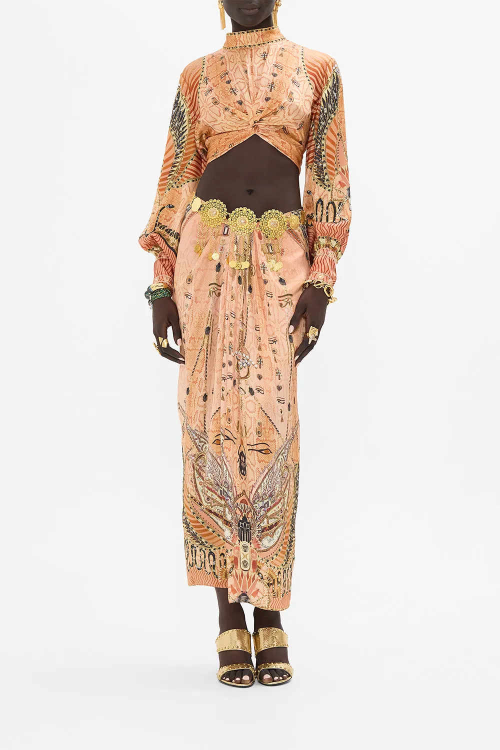 DRAPE FRONT SKIRT WITH SPLIT KINGDOM OF HEIROGLYPHS