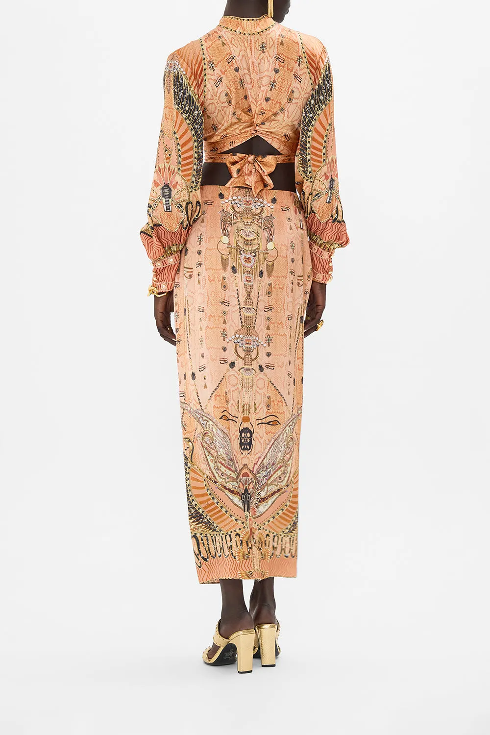 DRAPE FRONT SKIRT WITH SPLIT KINGDOM OF HEIROGLYPHS