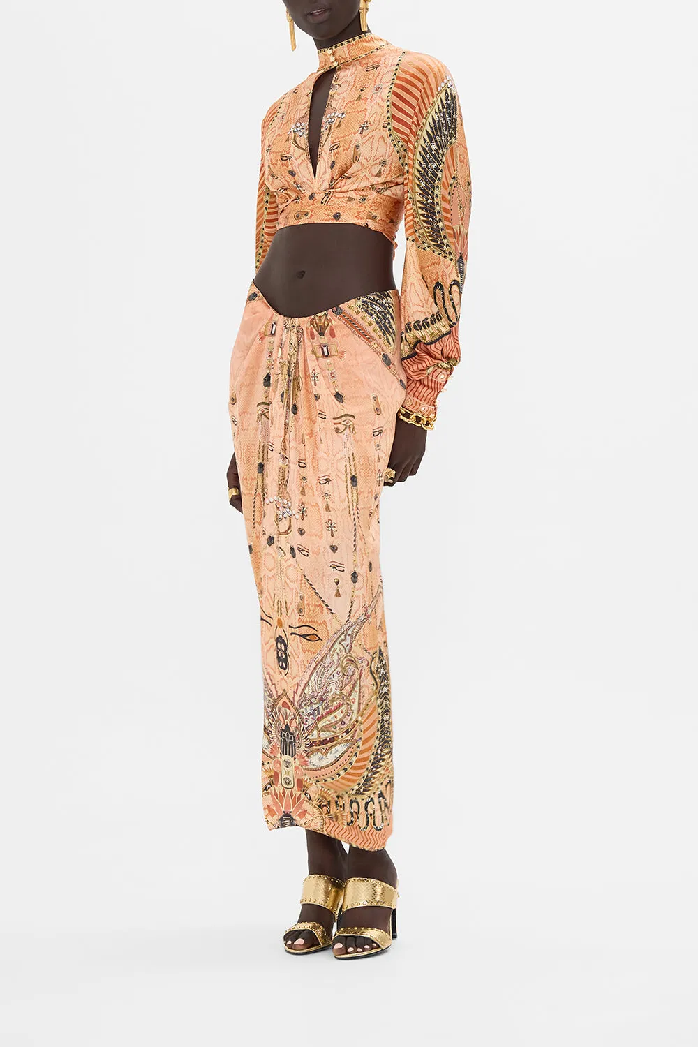 DRAPE FRONT SKIRT WITH SPLIT KINGDOM OF HEIROGLYPHS