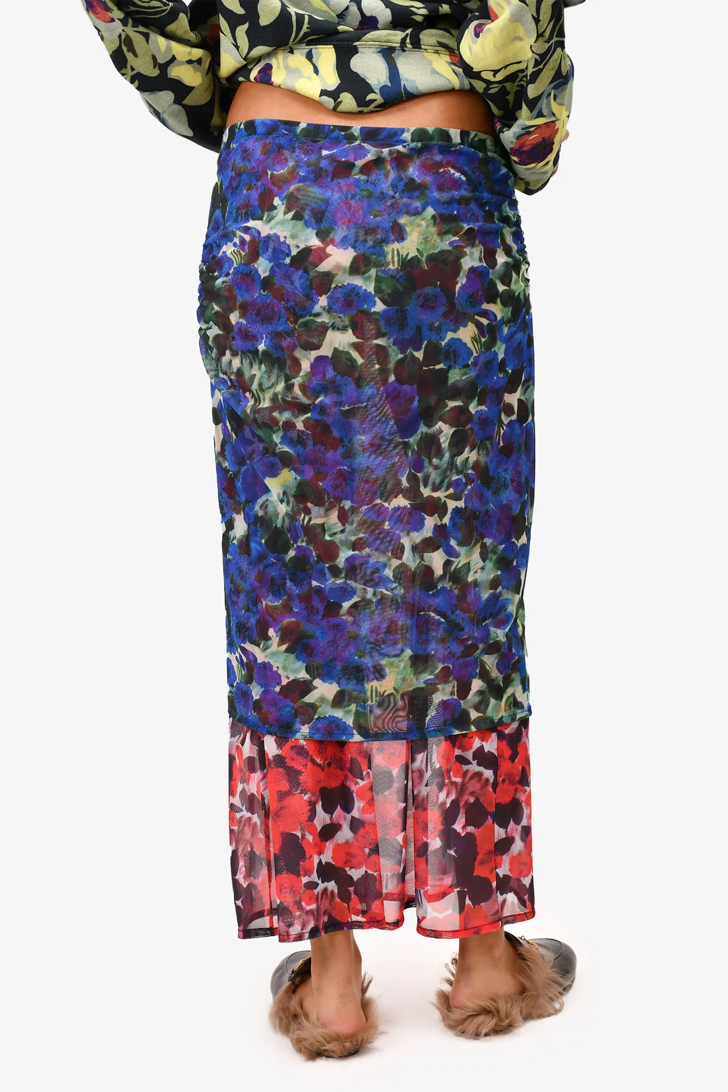 Dries Van Noten Blue/Pink Floral Patterned Sheer Maxi Skirt Size M