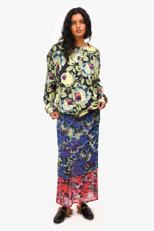 Dries Van Noten Blue/Pink Floral Patterned Sheer Maxi Skirt Size M