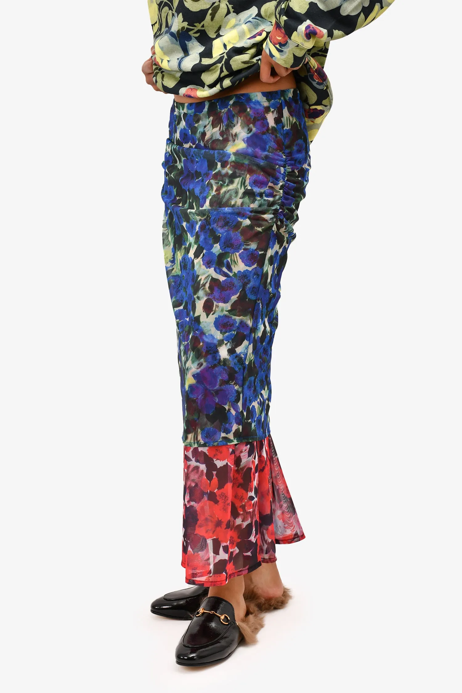 Dries Van Noten Blue/Pink Floral Patterned Sheer Maxi Skirt Size M