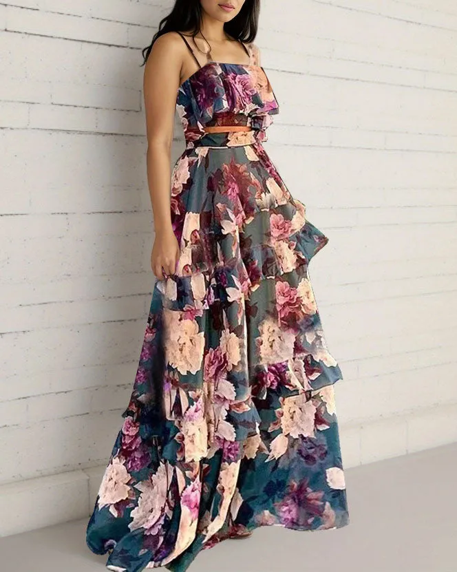 elveswallet Printed halter top layered maxi skirt two-piece set