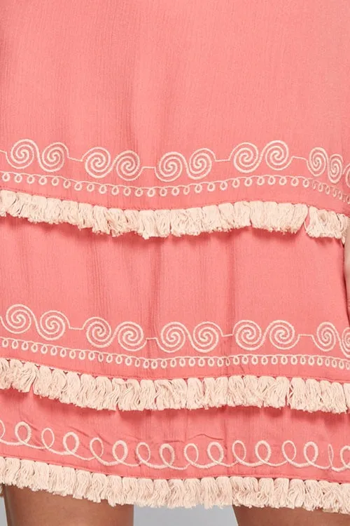 Embroidered Tiered Fringe Mini Dress