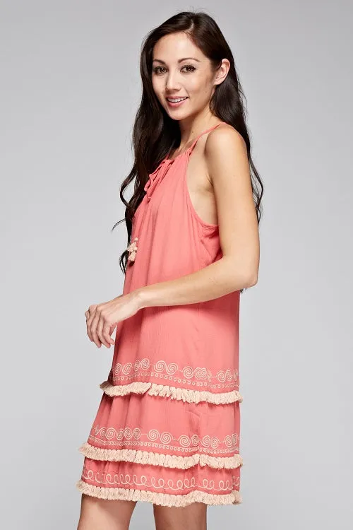 Embroidered Tiered Fringe Mini Dress