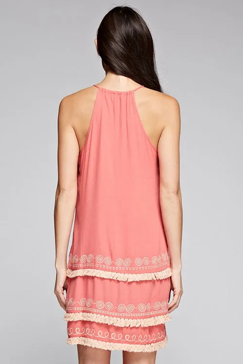 Embroidered Tiered Fringe Mini Dress
