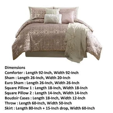 Eve 10 Piece Queen Size Poly Velvet Comforter Set, Foil Pattern, Blush Pink By Casagear Home