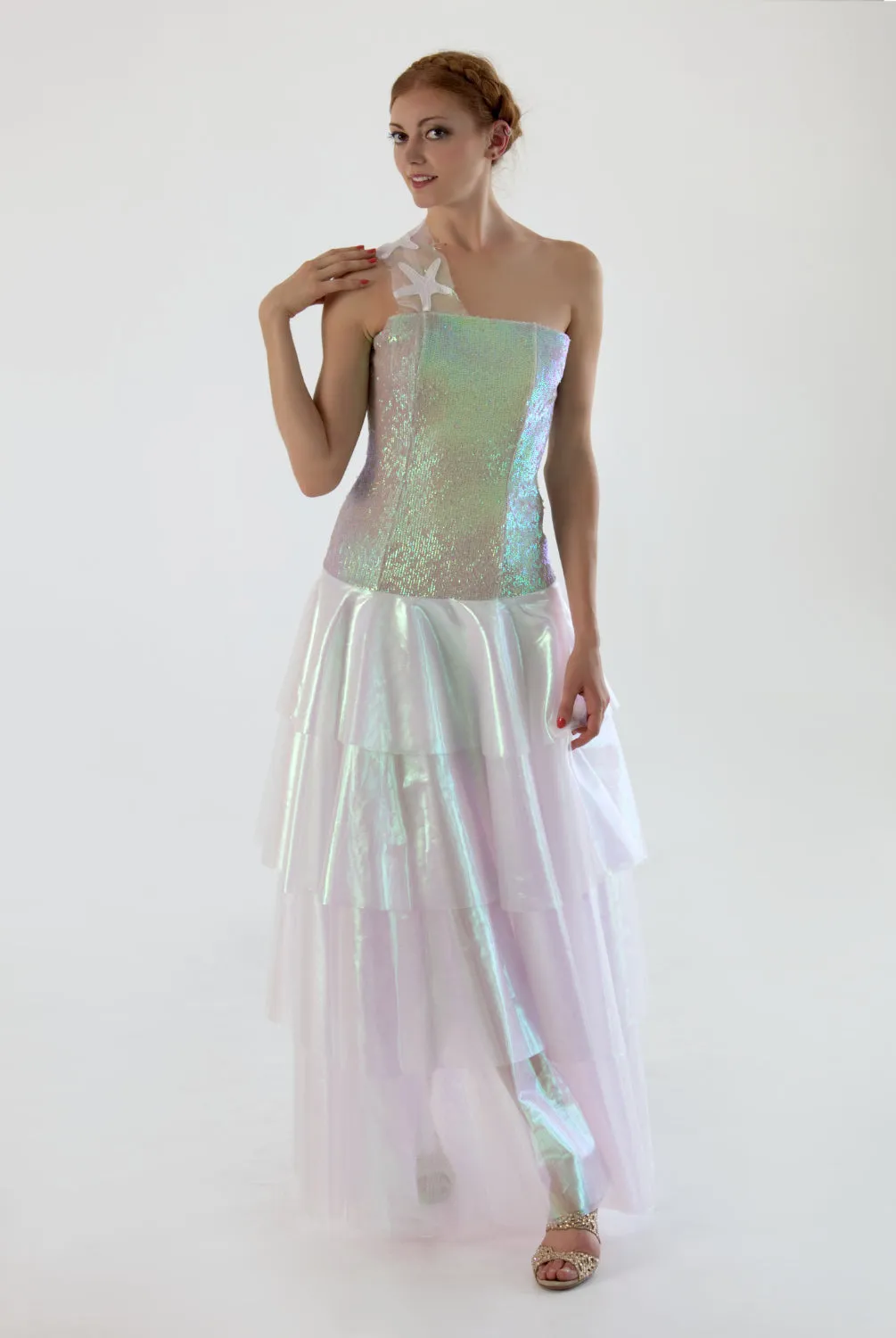 Floor long dress, double 4-layered translucent skirt, boned bodice. Starfish strap.