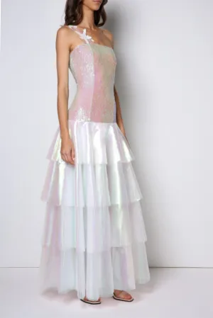 Floor long dress, double 4-layered translucent skirt, boned bodice. Starfish strap.