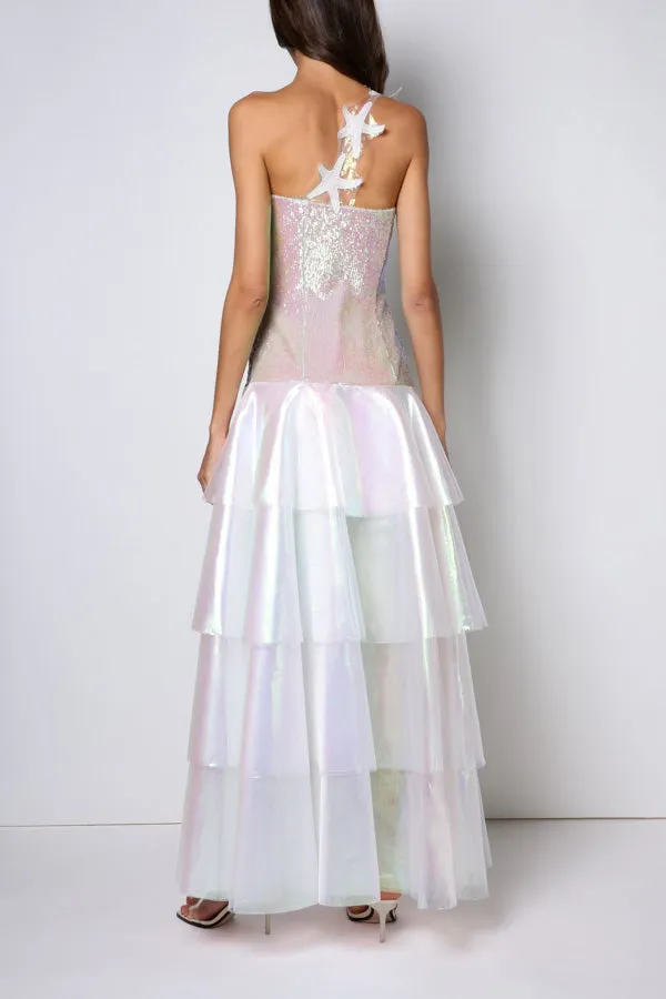 Floor long dress, double 4-layered translucent skirt, boned bodice. Starfish strap.