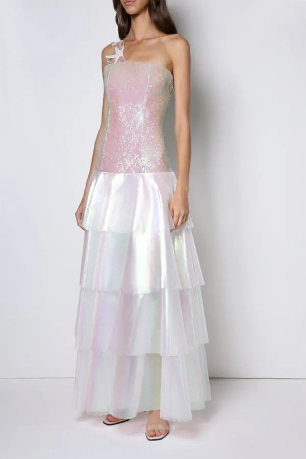 Floor long dress, double 4-layered translucent skirt, boned bodice. Starfish strap.