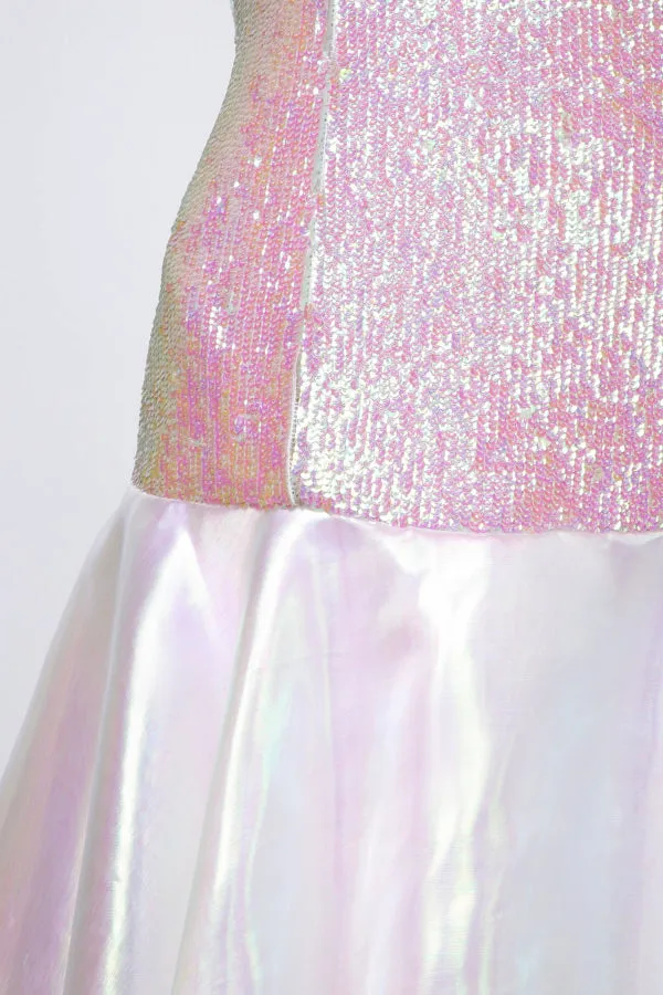 Floor long dress, double 4-layered translucent skirt, boned bodice. Starfish strap.