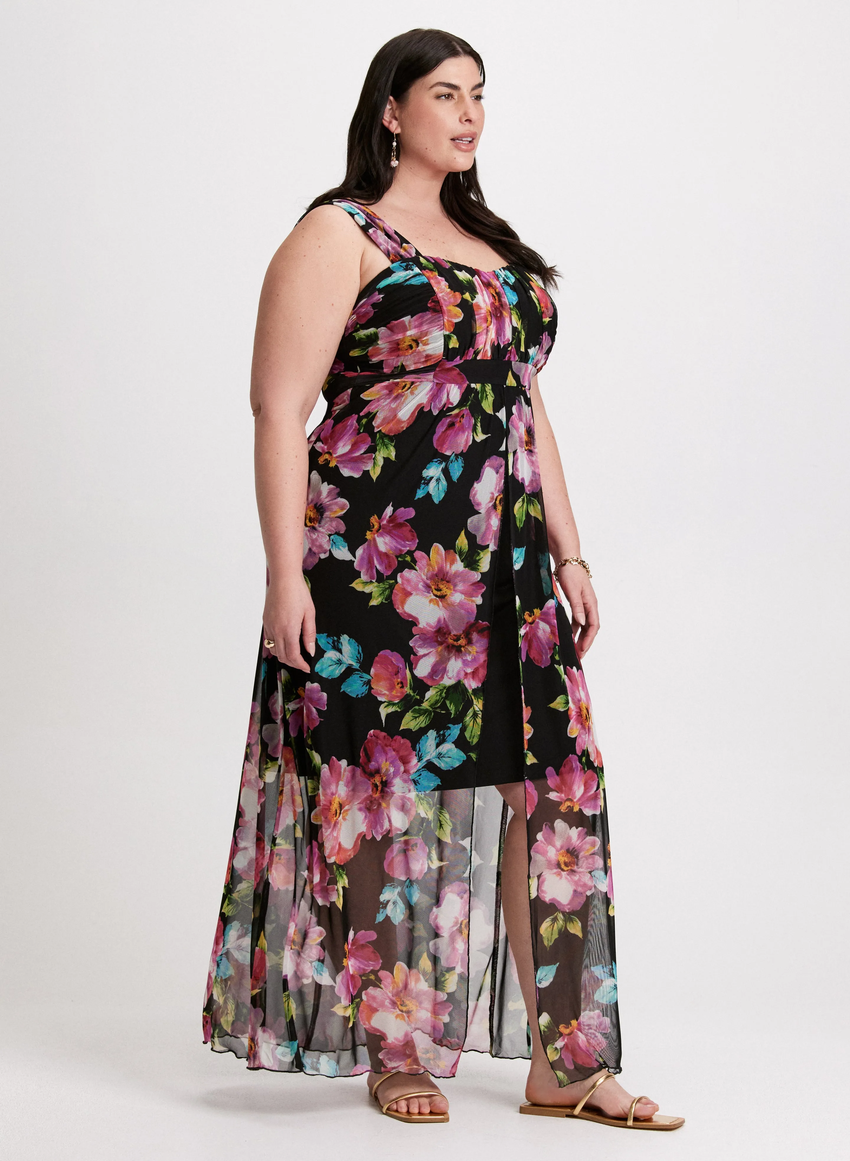 Floral Mesh Asymmetric Maxi Dress