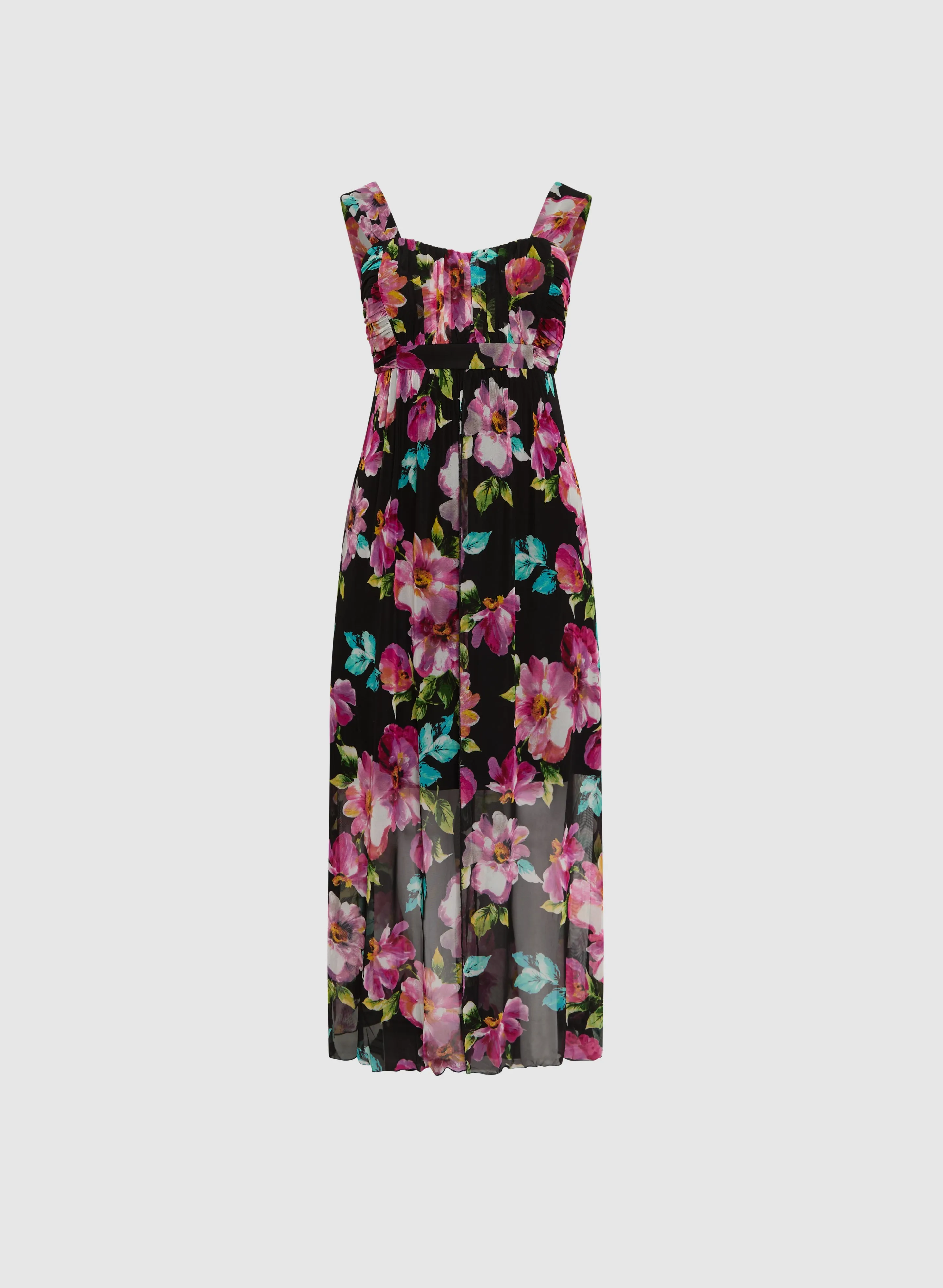 Floral Mesh Asymmetric Maxi Dress