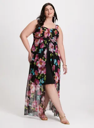 Floral Mesh Asymmetric Maxi Dress