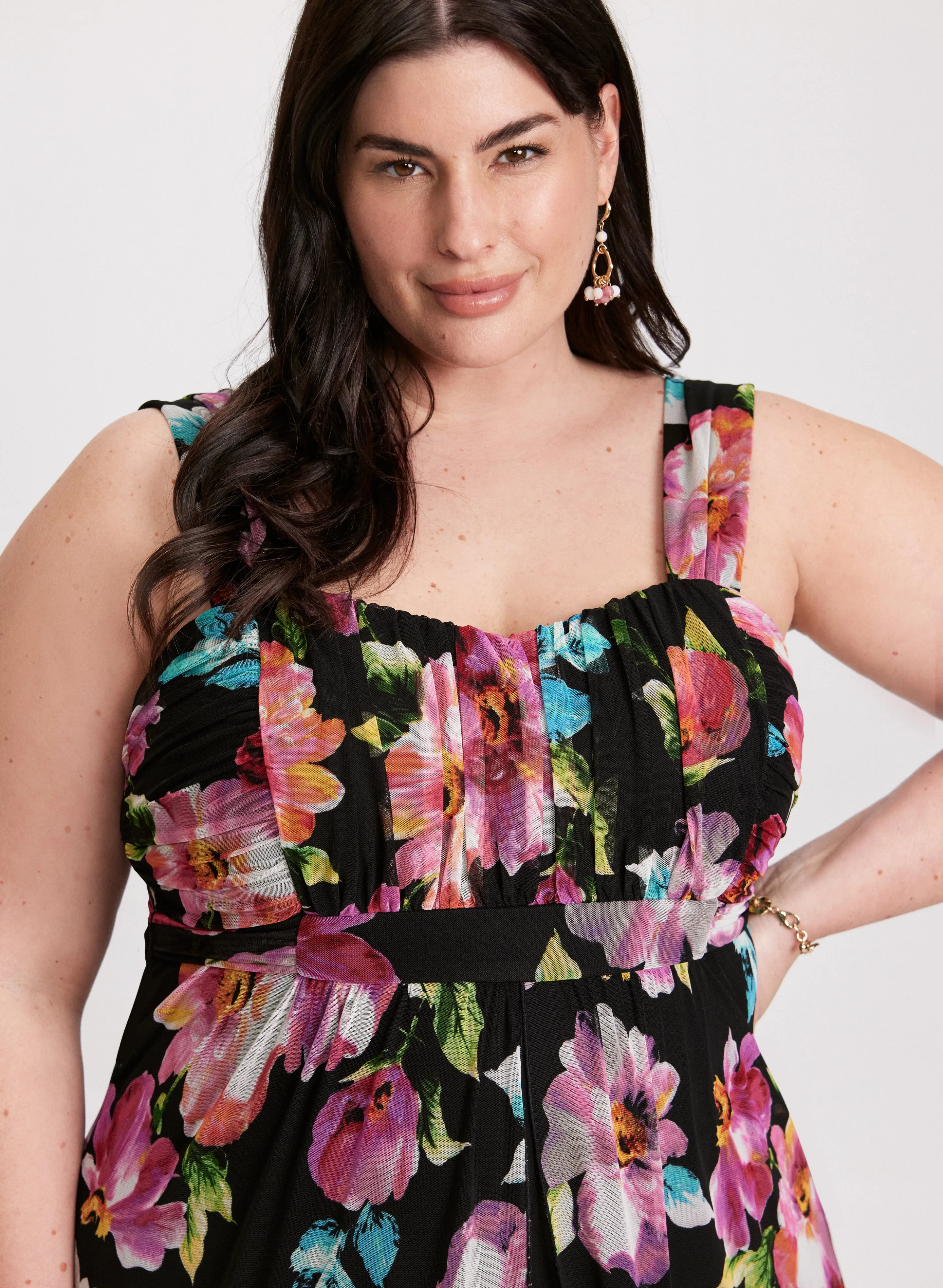 Floral Mesh Asymmetric Maxi Dress