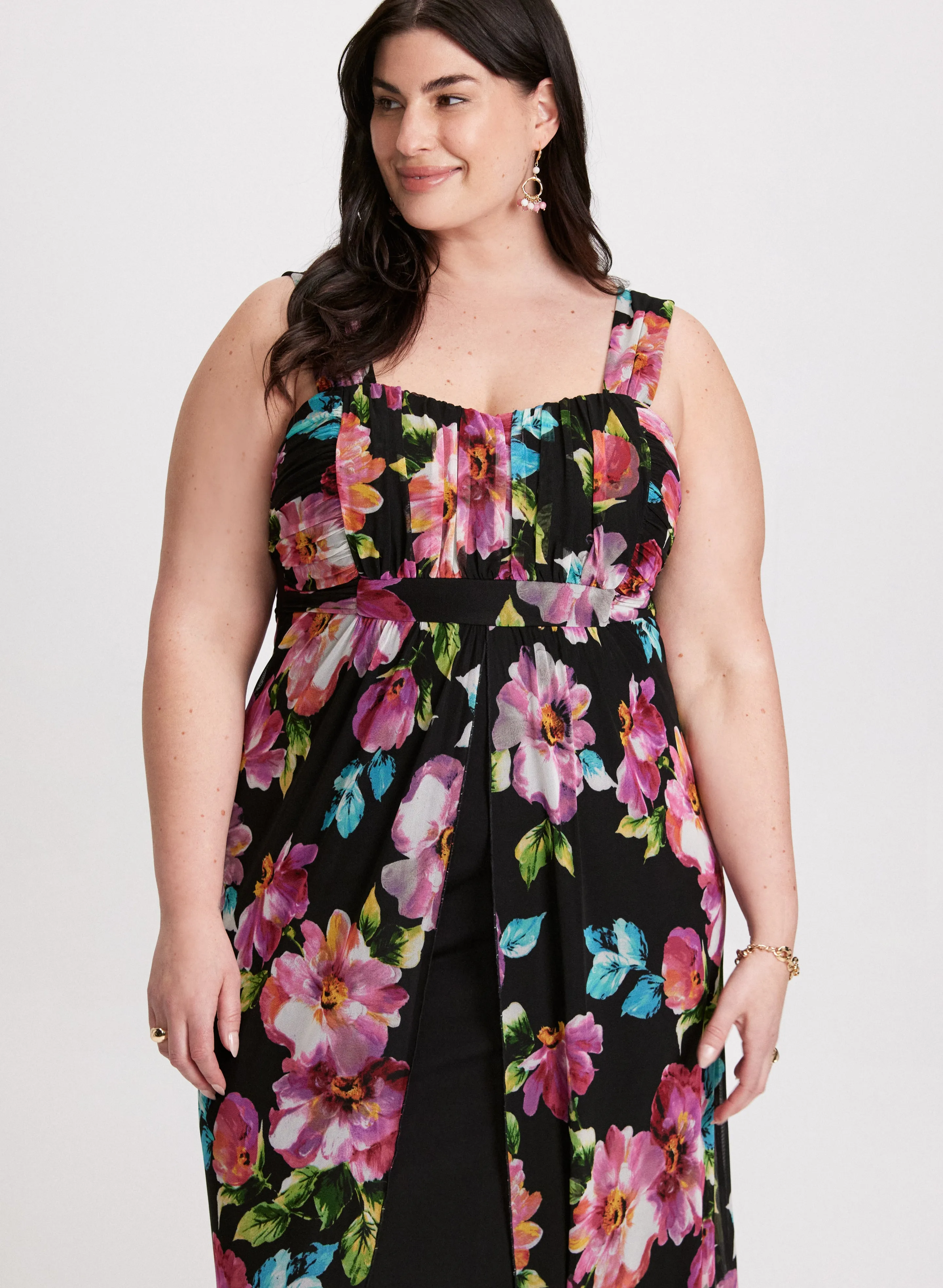 Floral Mesh Asymmetric Maxi Dress