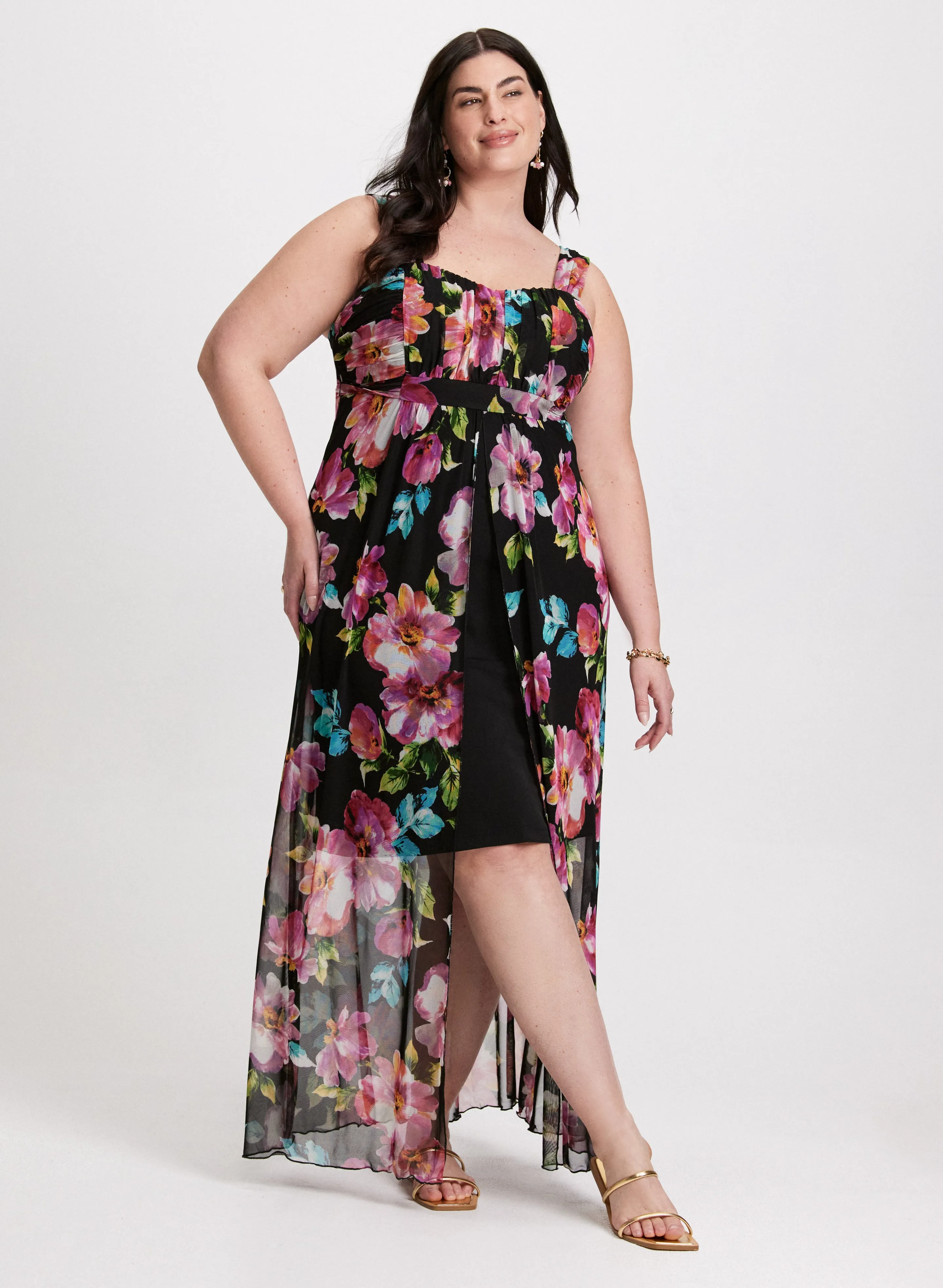 Floral Mesh Asymmetric Maxi Dress