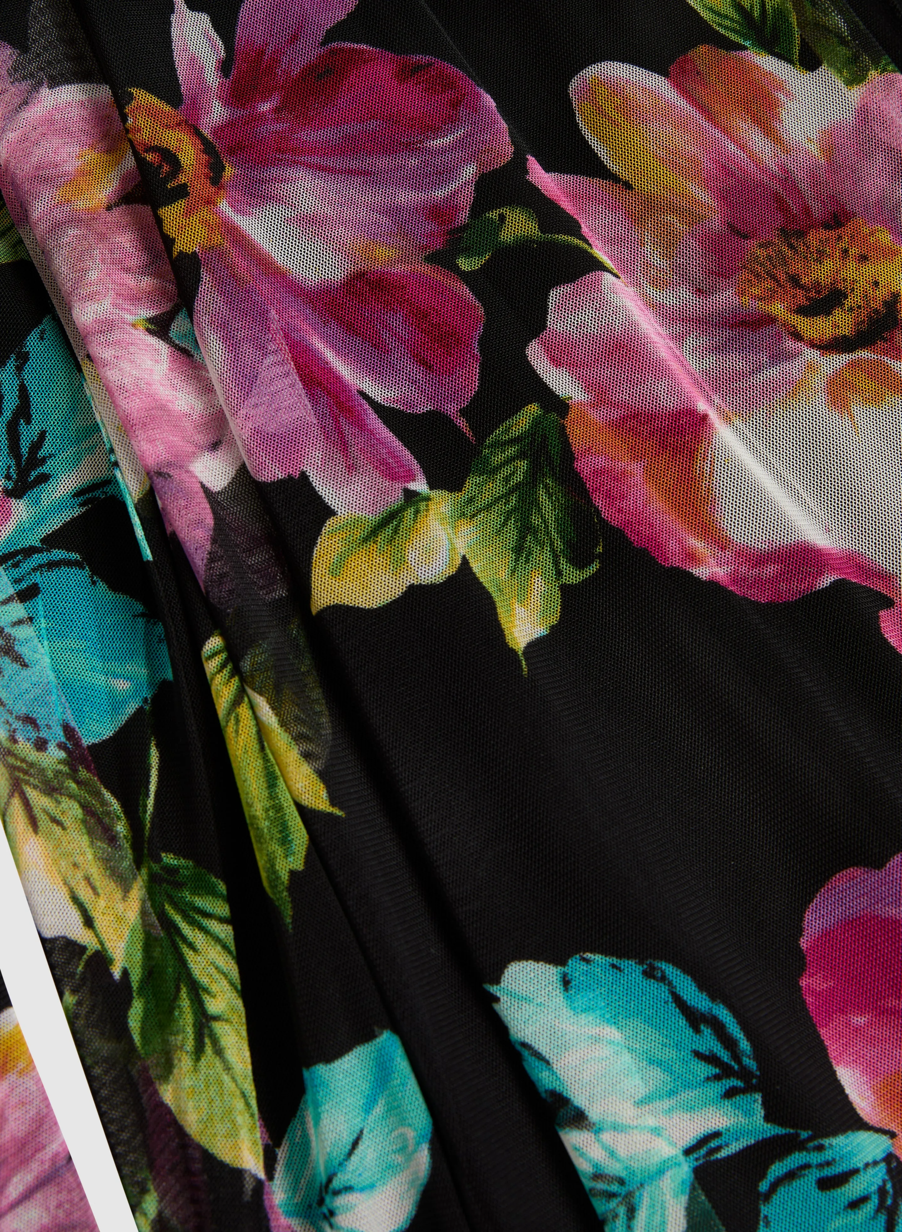 Floral Mesh Asymmetric Maxi Dress