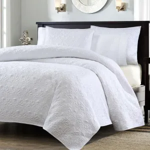 Full - Queen size White Quilted Coverlet Set with 2 Shams with Classic Stitch Pattern