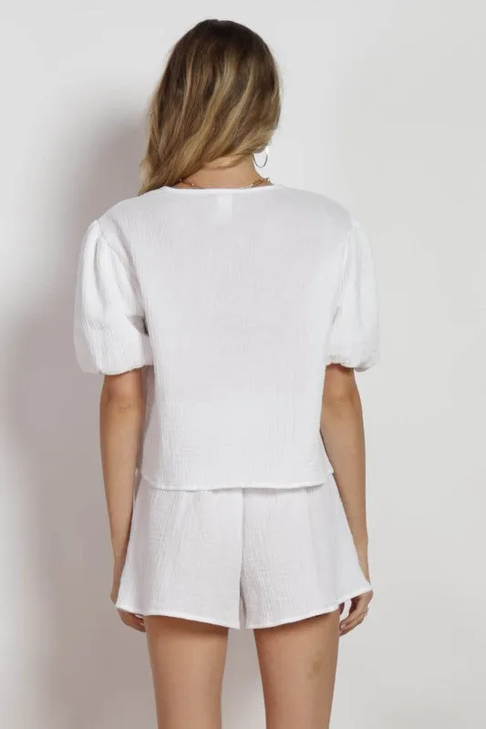 Gauze Front Tie Two Piece Set- White