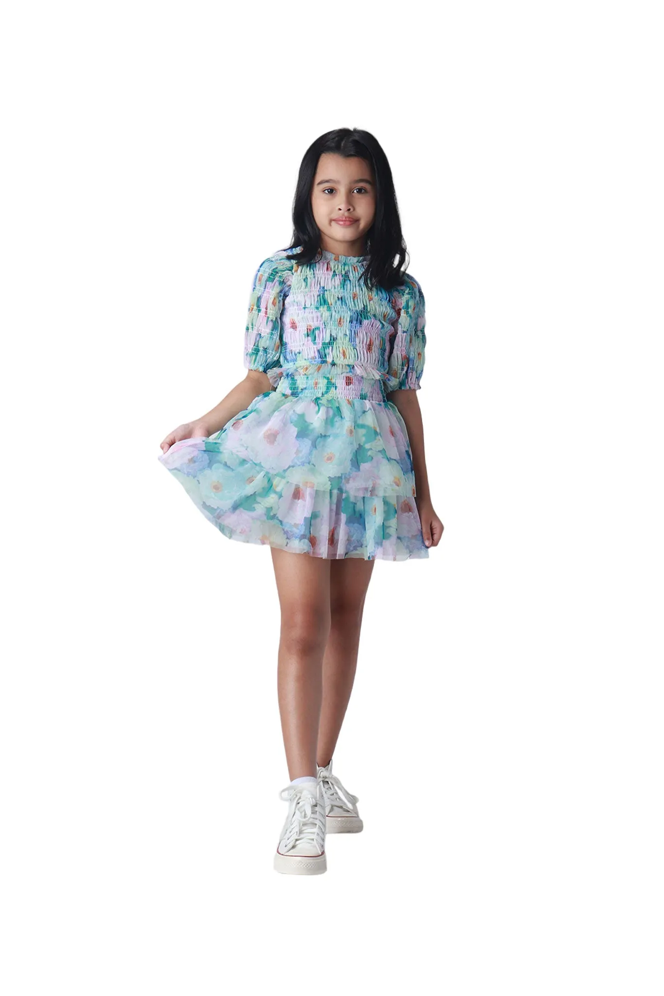 Gingersnaps Floral Print Smocked Tulle Skirt Set