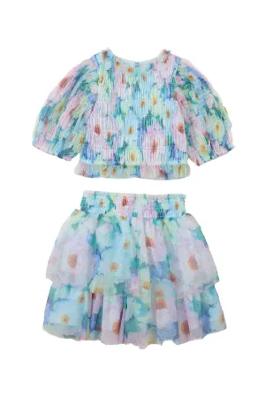 Gingersnaps Floral Print Smocked Tulle Skirt Set
