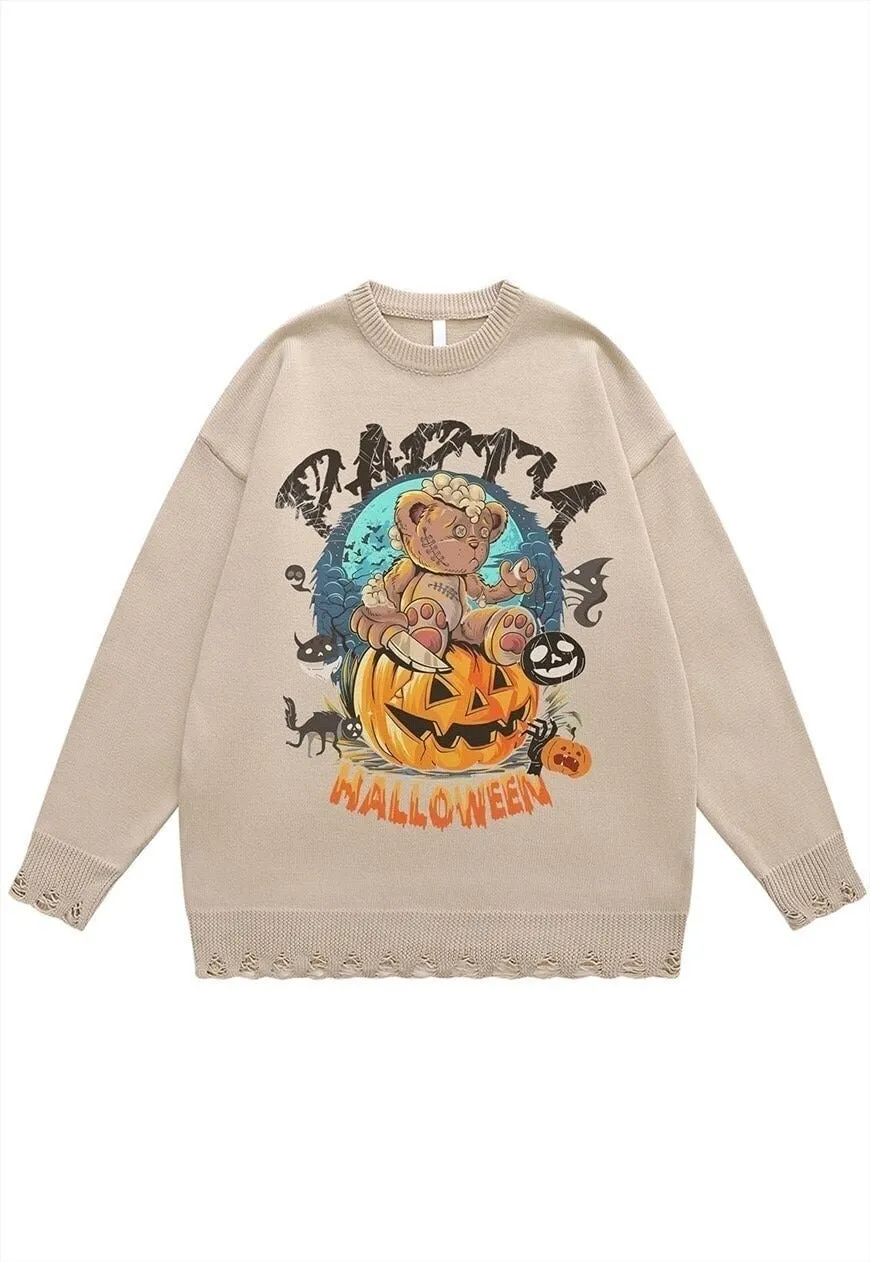 Halloween sweater pumpkin knit distressed jumper in black