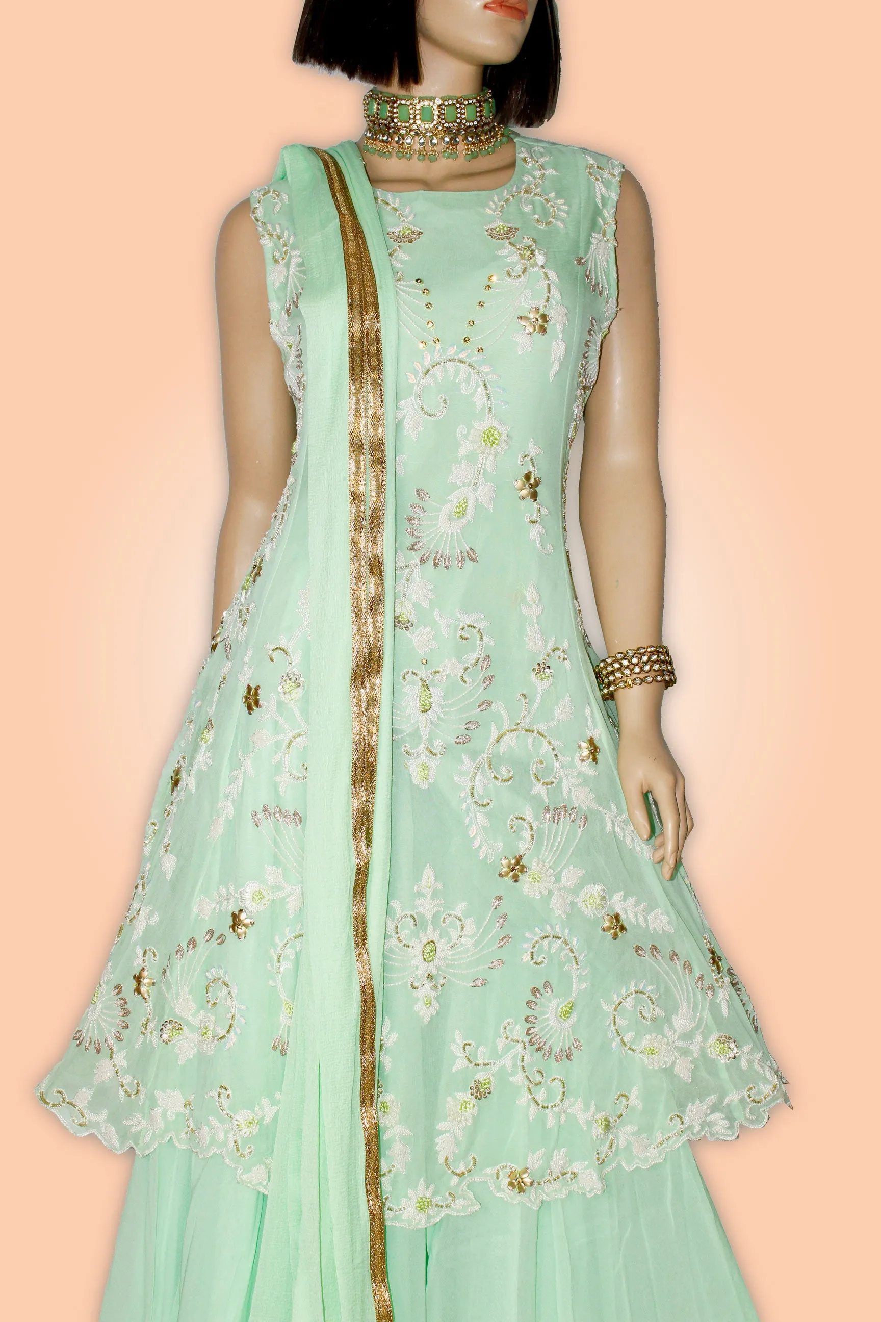 Hand Embroidered Top & Layered Skirt - L