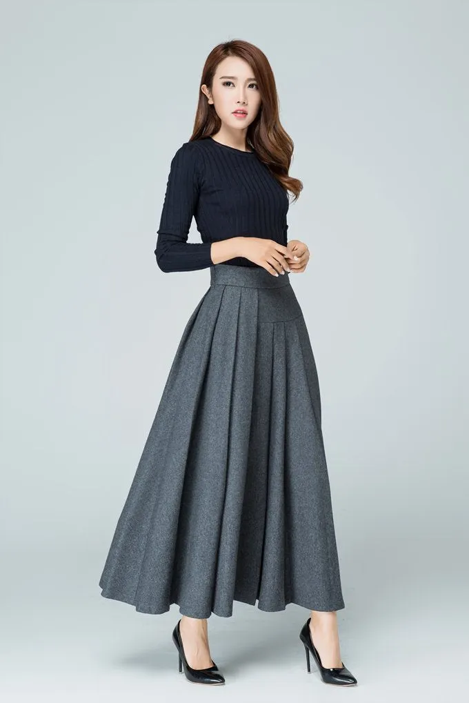 Handmade Chic Grey Wool Blend Maxi Skirt 1587#