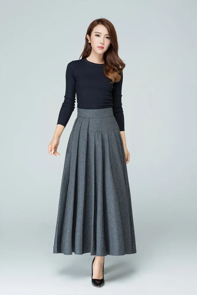 Handmade Chic Grey Wool Blend Maxi Skirt 1587#