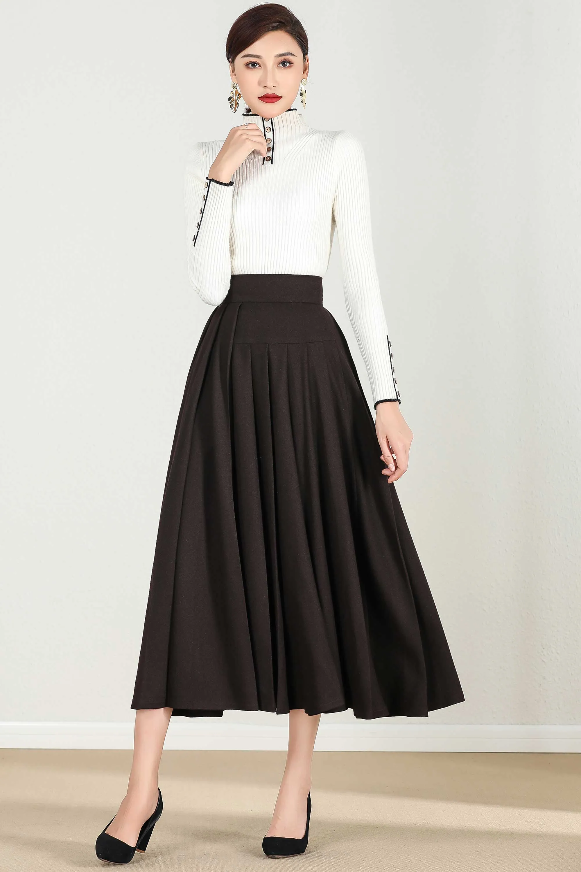 Handmade Chic Grey Wool Blend Maxi Skirt 1587#