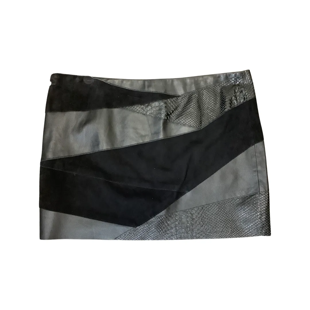 HH Haute Hippie Black Patch Leather Mini Skirt Size L