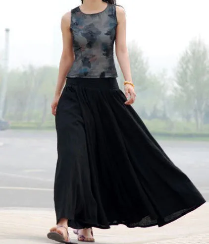 High Waisted Soft Linen Full Pleated Skirt with Pockets MM67#