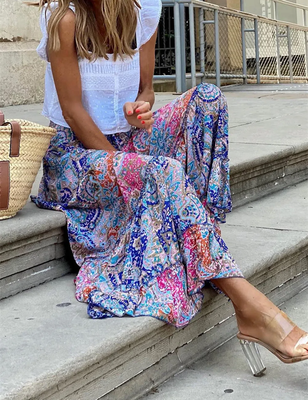 Hippie Gypsy Ruffled Maxi Skirt