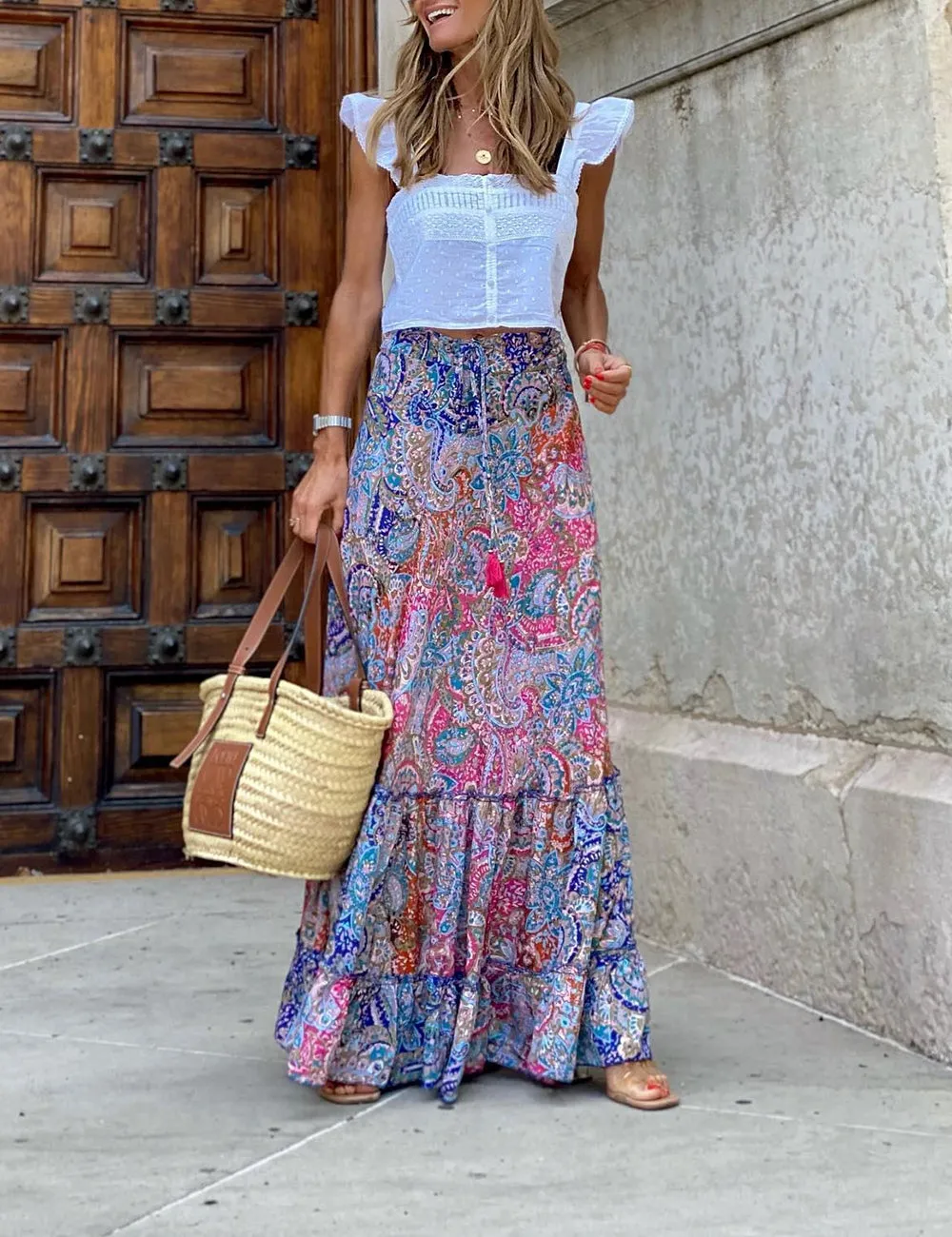 Hippie Gypsy Ruffled Maxi Skirt