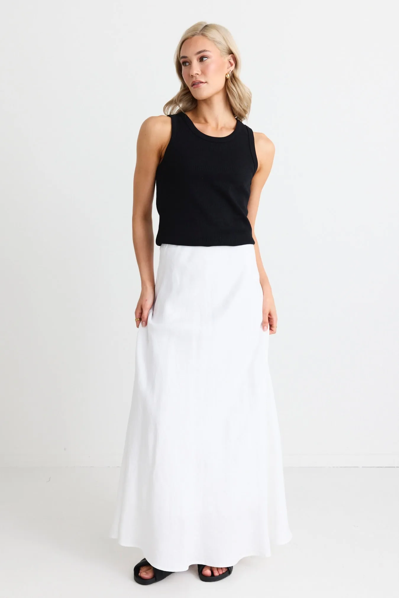 Lagos White Linen Floaty Bias Cut Maxi Skirt