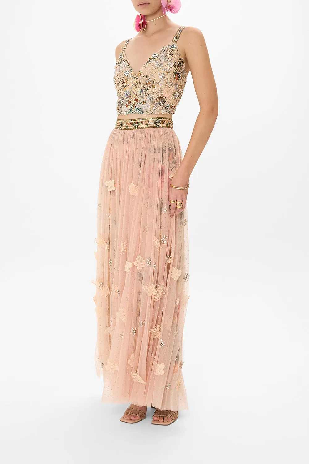 LONG TULLE SKIRT WITH 3D LACE & FLOWERS ROSE GARDEN REVOLUTION