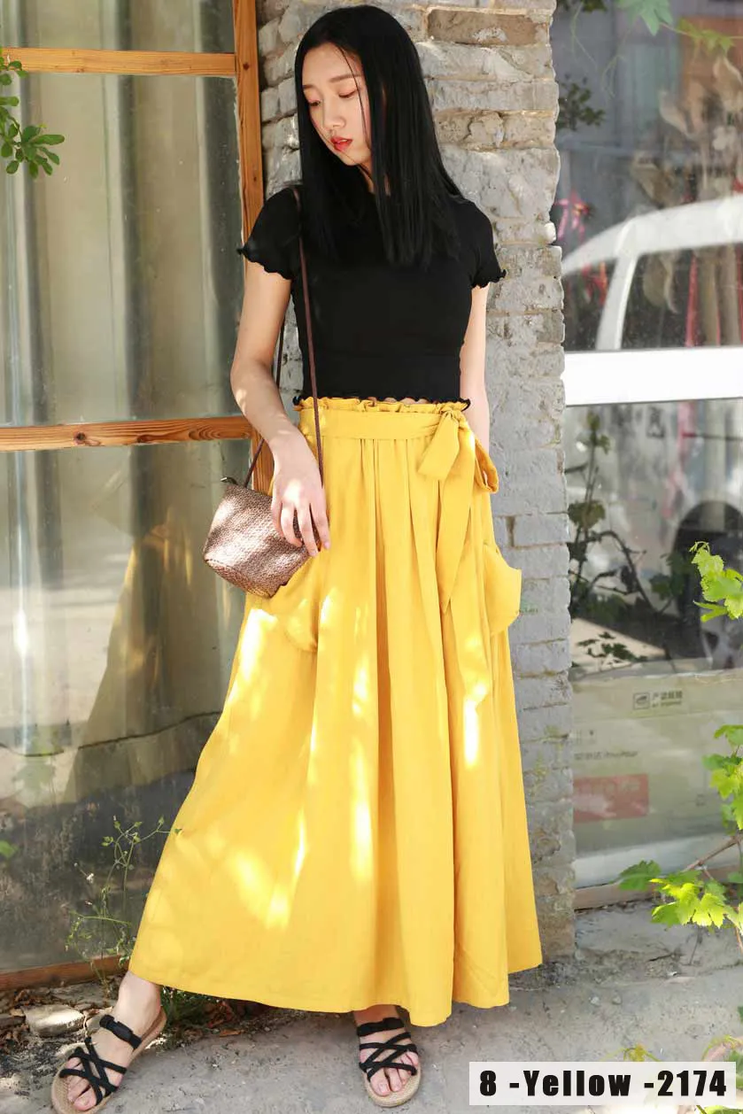 maxi linen skirt with elasit waist and self belt 2167#