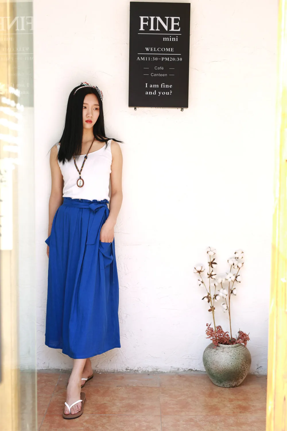 maxi linen skirt with elasit waist and self belt 2167#