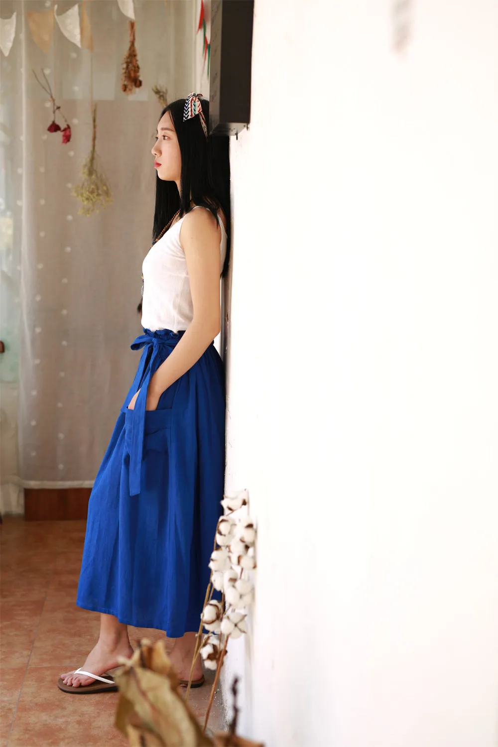maxi linen skirt with elasit waist and self belt 2167#