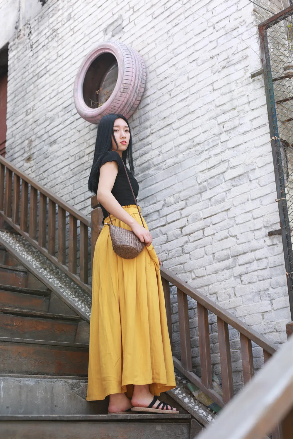maxi linen skirt with elasit waist and self belt 2167#