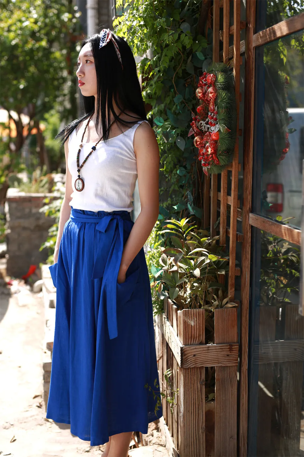 maxi linen skirt with elasit waist and self belt 2167#