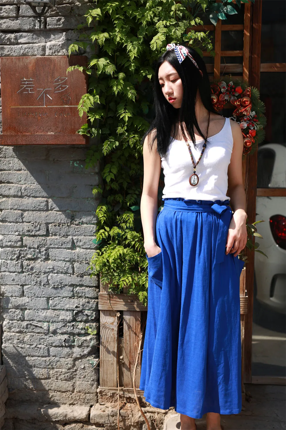 maxi linen skirt with elasit waist and self belt 2167#