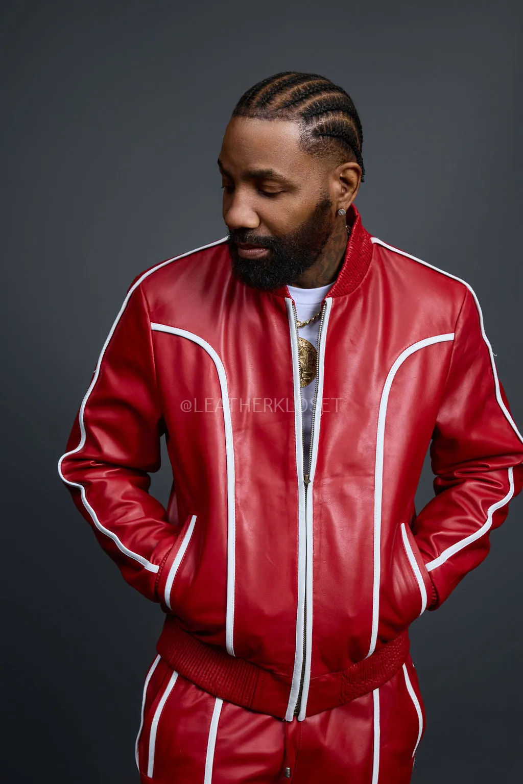 Men's Brayden Leather Track Suit Sweatsuit [Red/White]