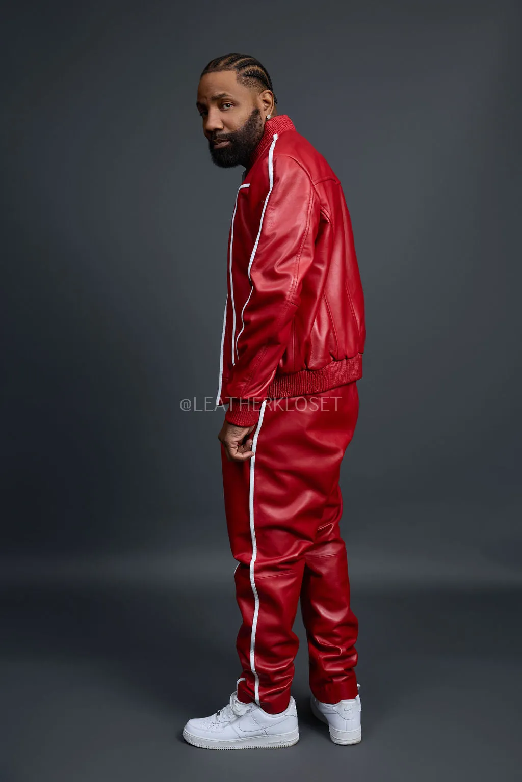 Men's Brayden Leather Track Suit Sweatsuit [Red/White]