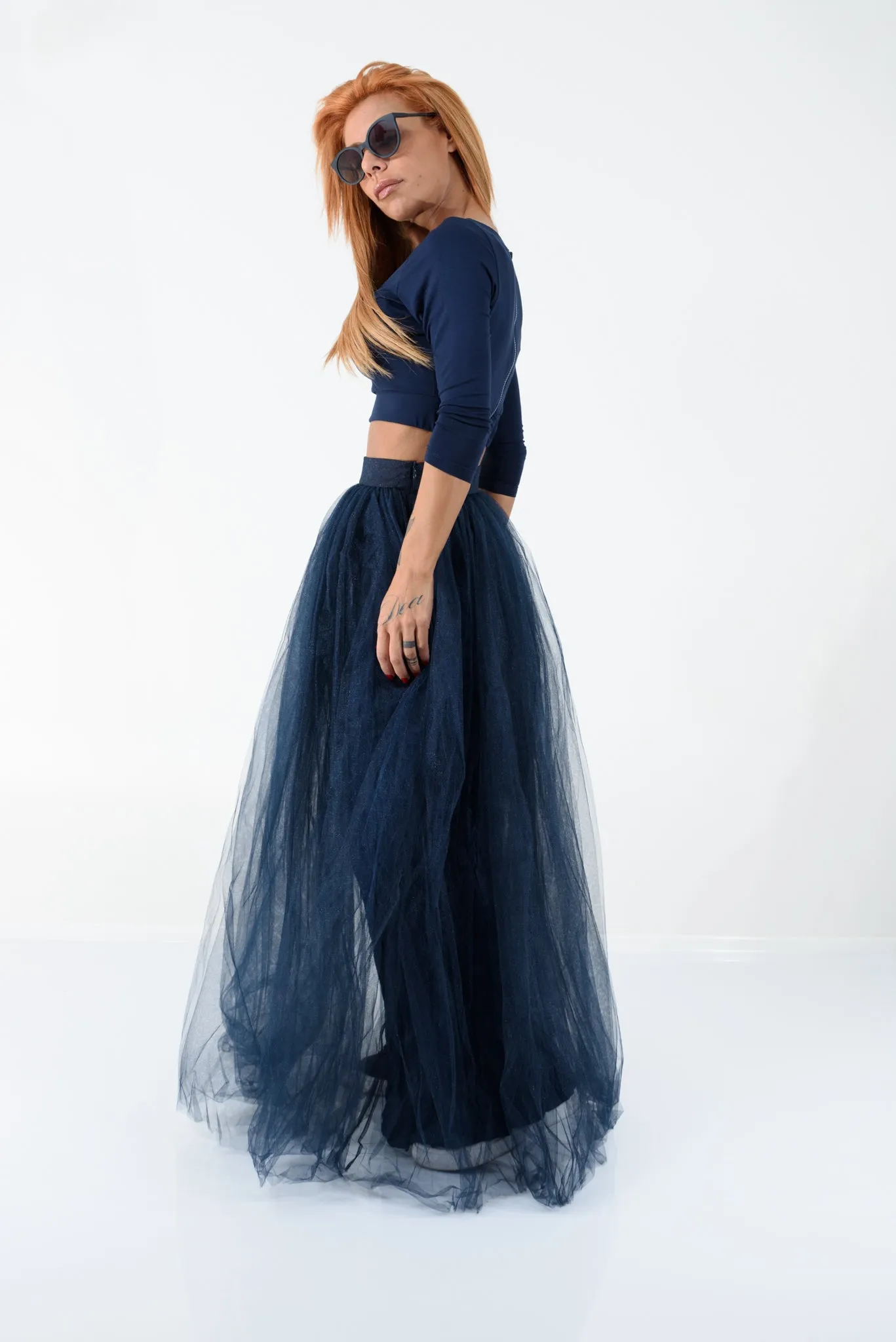 Navy Maxi Tulle Skirt with High Waist