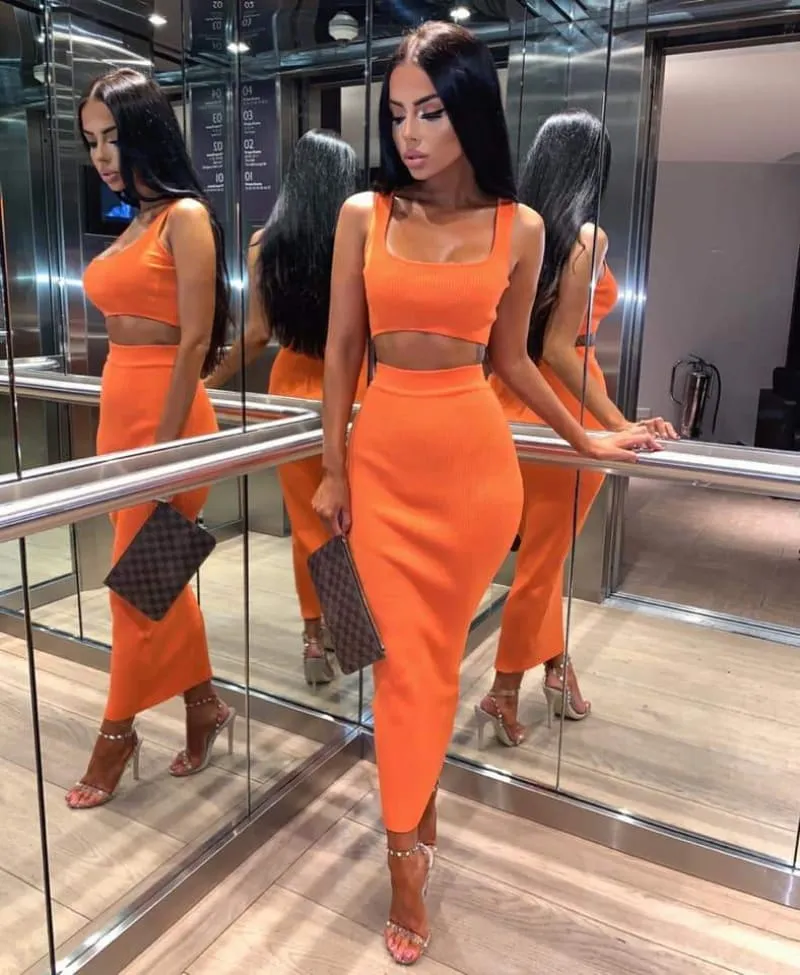 Neon Orange Ribbed Maxi Two Piece Crop Top Skirt Set