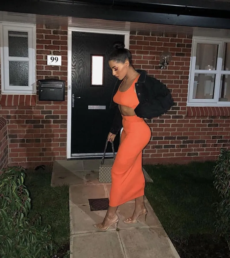 Neon Orange Ribbed Maxi Two Piece Crop Top Skirt Set