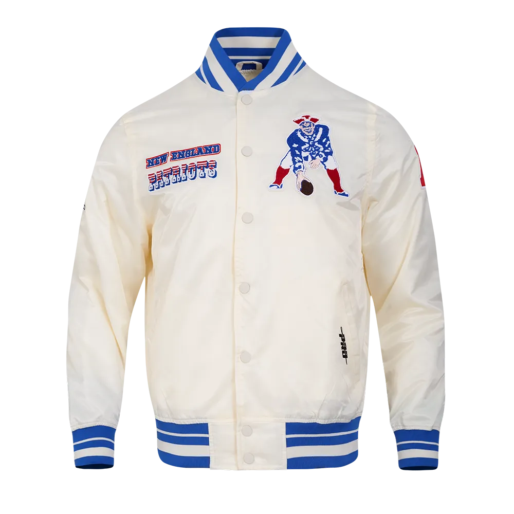NFL NEW ENGLAND PATRIOTS RETRO CLASSIC MEN'S RIB SATIN JACKET (EGGSHELL/ ROYAL BLUE)